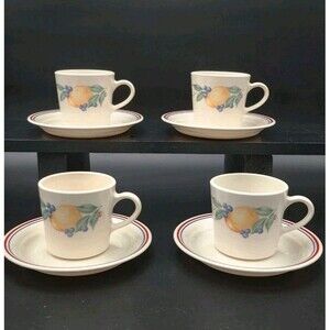 4 Sets(8 Pcs) Corning Corelle Abundance Cup & Saucers Fruit Beige Red/Blue Rings
